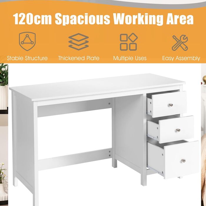 Комп'ютерний стіл LIFEZEAL з 3 шухлядами, 120 x 50 см, для офісу та робочого кабінету (білий)