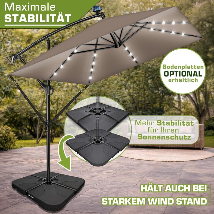 Прямокутна садова парасолька tillvex® Alu 330 см з LED-підсвіткою, ручкою та чохлом, колір Капучино — Алюмінієвий зонт-ампел з стійкою, захистом від вітру та UV-променів, водонепроникний, поворот на 360°