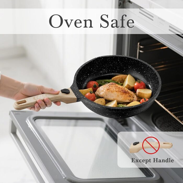 Набір сковорідок з індукційним покриттям RIOVARM з знімними ручками, антипригарний набір сковорідок з кришками 20 см, 24 см, 28 см, сковорода для омлетів без PFOA, кухонний набір для всіх типів плит, придатний для миття в посудомийній машині та духовки (B