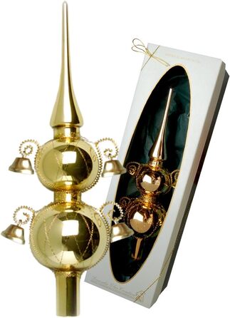 Ялинкова іграшка блискуча з прикрасами та дзвіночками, 29 см у високоякісній подарунковій коробці (подвійна ялинкова іграшка з дзвіночками, золото)