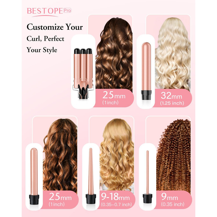 BESTOPE PRO Локкенстаб: Набір для завивки волосся 5-в-1 з 3 насадками, регулюванням температури, швидким нагрівом, рукавичкою та кліпсами, рожеве золото