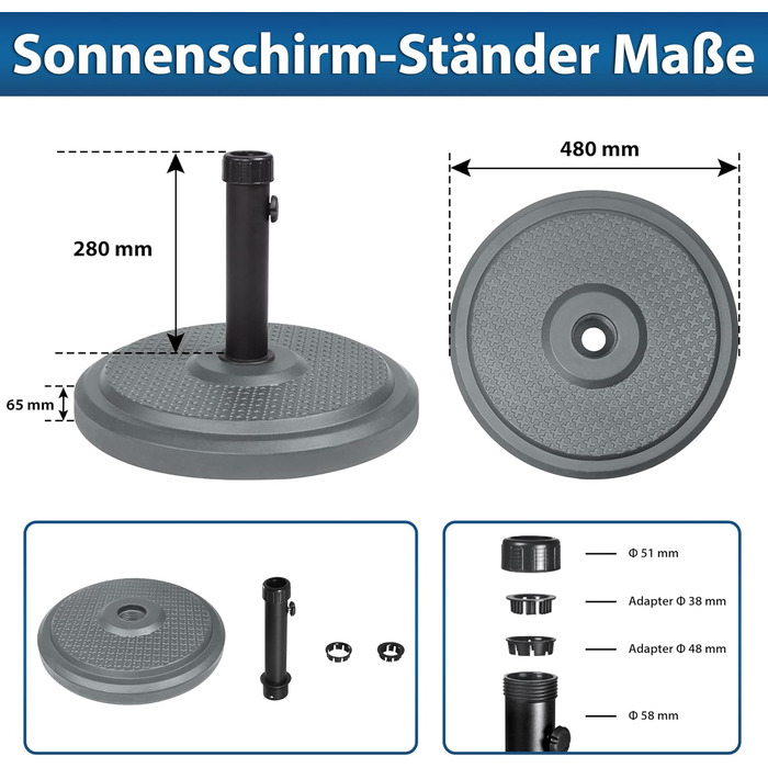 Підставка для парасольки Paramondo, кругла, срібна, з полімерного бетону, для масту діаметром до 50 мм, з адаптерними гільзами