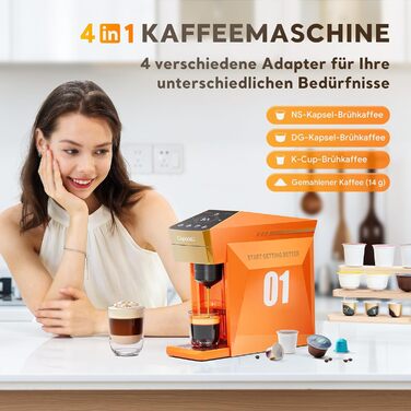 Кавомашина 4-в-1 для NES, Dolce Gusto, K-Cup та меленої кави, 19 bar, сенсорне керування, помаранчевий колір