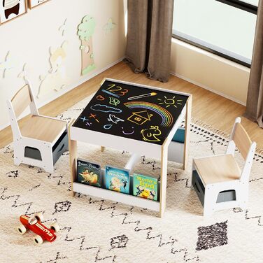 Детский стол со стульями COSTWAY 3 в 1, деревянная мебель для детей от 3 лет с откидной столешницей, полкой и ящиками