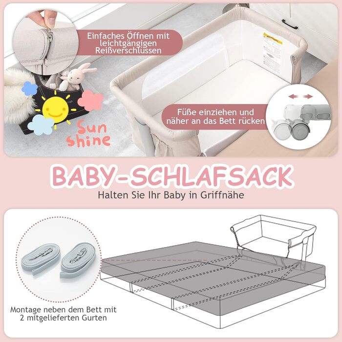 Дитяче ліжко-гойдалка Dreamade 2 в 1 з регулюванням висоти, 86 x 63 см, для новонароджених до 9 кг, з матрацом та колесами, похил 10° (Бежевий)