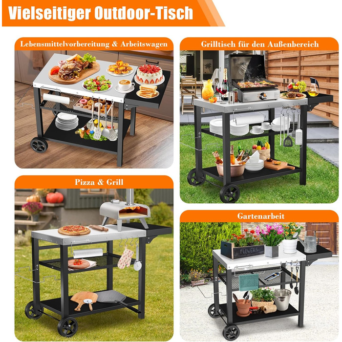 Нержавіюча сталева візок для гриля Denmay з 3 ярусами, піч для піци, робочий стіл для гриля, візок для обслуговування на відкритому повітрі