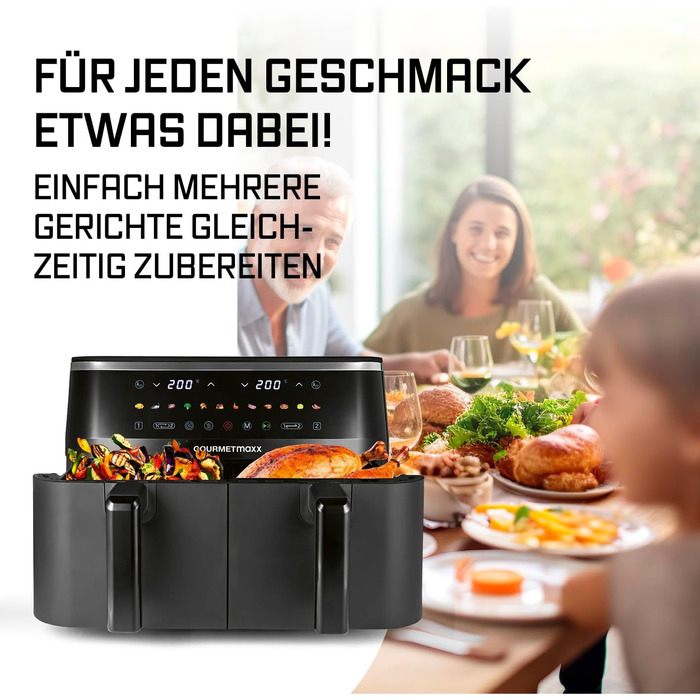 GOURMETmaxx Фрай-Ап Вертикальна Подвійна Камера Гарячого Повітря Фритюрниця | Вертикальний Airfryer | Складне Сенсорне Дисплей | 32% Економія Місця | Об'єм 10Л | Фритюрниця Гарячого Повітря 2 Камери (Чорний, 9 Літрів (2x 4,5Л))