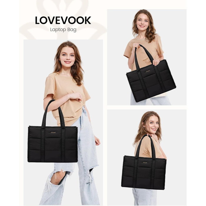 Сумка для ноутбука LOVEVOOK для жінок, велика, шопер, сумка-пуфер, робоча/офісна сумка, тоут, жіночі сумки, сумка для навчання, шкільна сумка, сумка через плече для університету, бізнесу, школи, сіро-зелений колір (17 дюймів, чорний)