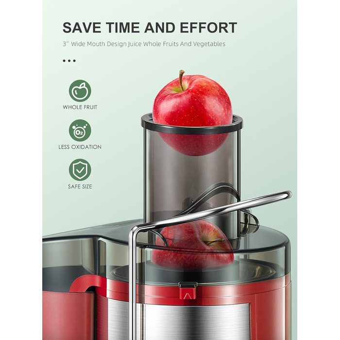 Reemix Соковитискач для овочів та фруктів, професійний Max Juicer з нержавіючої сталі, 800W, 3 швидкості, червоний