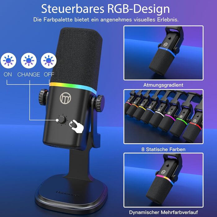 Динамічний XLR/USB мікрофон для геймінгу, подкастів, ПК, телефону, стрімінгу з RGB-підсвіткою, кнопкою вимкнення звуку, підсиленням, підставкою, для співу та YouTube