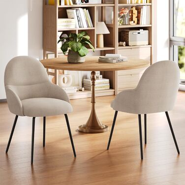 6 стільців для їдальні з підлокітниками – ергономічні оббиті стільці, сучасні кухонні стільці з льоновим покриттям та металевими ніжками, для вітальні, їдальні, кухні, бежевий колір, комплект 6 шт.