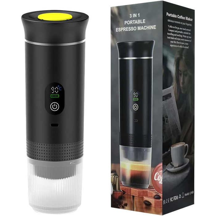 Портативна кавомашина 3-в-1 DAJASD з дисплеєм, 12V, USB, для кави в зернах та капсул - ідеальна для подорожей, кемпінгу та авто