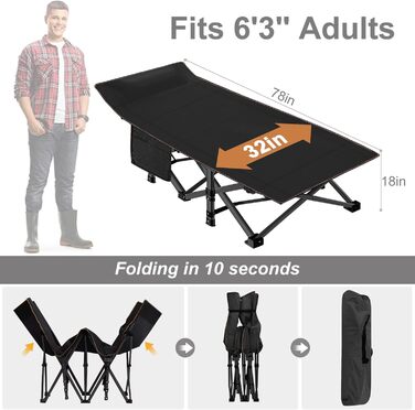 Розкладне кемпінгове ліжко з матрацом та кишенями, сталевий каркас, Oxford, витримує до 200 кг, 190x71x36 см, чорне
