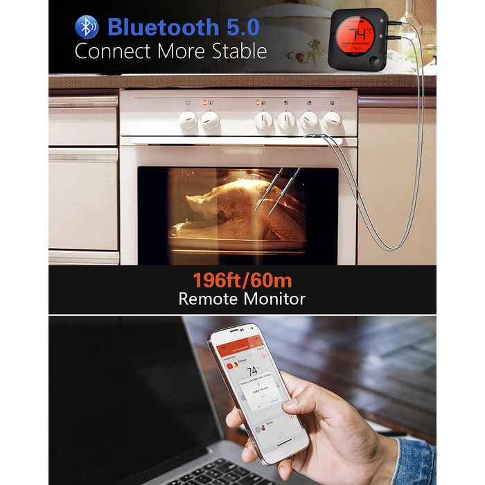 BFOUR 100-метровий термометр для гриля Bluetooth Бездротовий термометр для м'яса з 4 зондами Великий РК-дисплей з нержавіючої сталі Bluetooth-термометр для смаження для гриля Коптильня Піч барбекю (з 2 зондами)