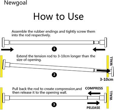 Телескопічний карниз для душу Newgoal без свердління з нержавіючої сталі 50-85 см, надійна фіксація, регульована довжина, універсальний, з 12 кільцями для душових штор, чорний