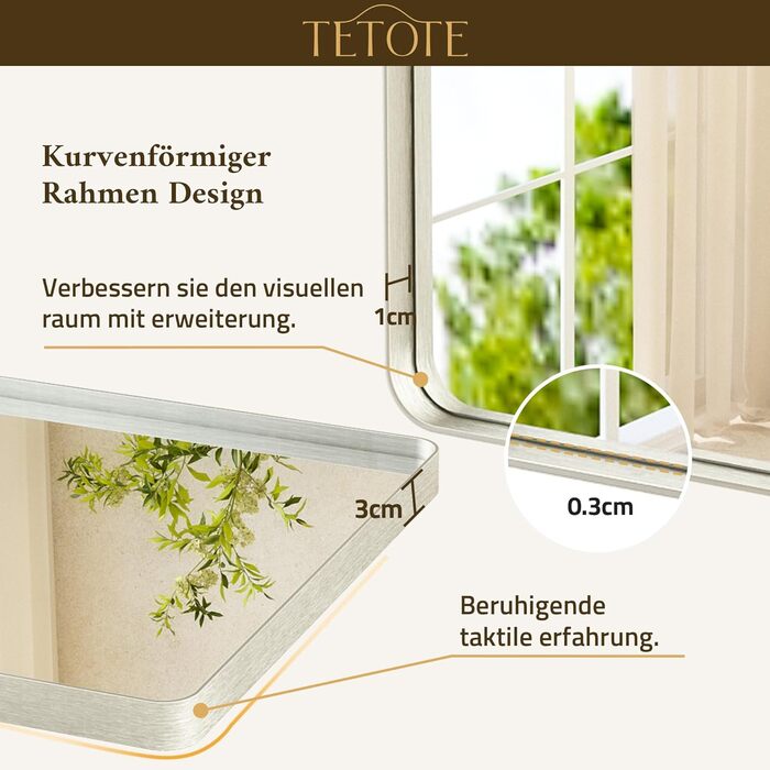 Дзеркало для ванної кімнати TETOTE 40x50 см, прямокутне, з металевим каркасом, з закругленими кутами, скло загартоване