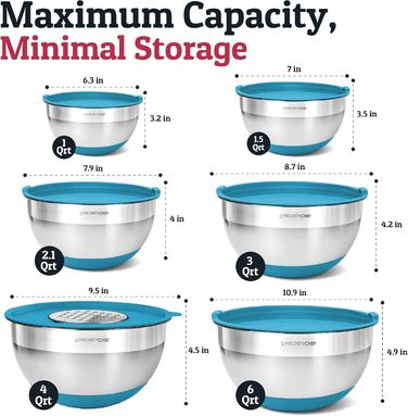 Набір місок для перемішування Priority Chef з кришками, 6 шт. з неслизьким дном, набір місок з нержавіючої сталі, 6 герметичних кришок та 3 тертки, блакитний колір (Getaway Solids)