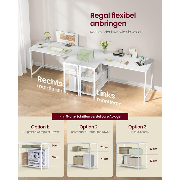 Кутовий стіл VASAGLE L-подібної форми з полицею, для офісу вдома, 120 x 80 см, Ahornweiß (без розетки)