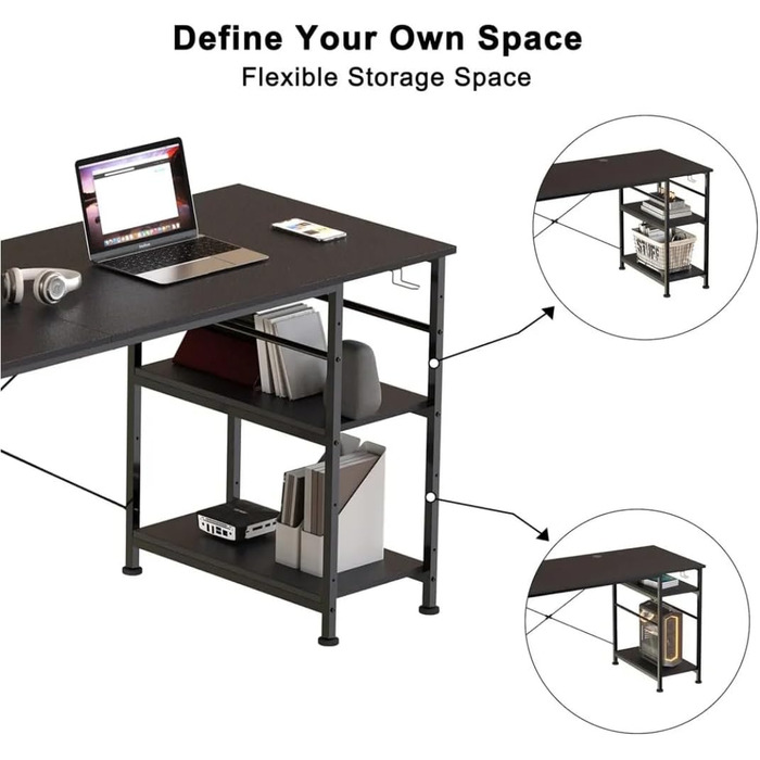 Ігровий кутовий стіл L-подібної форми з LED-підсвічуванням та розетками, 140x140 см, реверсивний комп'ютерний стіл з підставкою для монітора, 4 полиці та бічні кишені для дому та офісу (Чорний, 140x140x74 см)