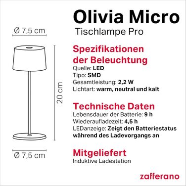 Zafferano Olivia Micro - Бездротова LED-лампа для дому та саду, сенсорне керування, регулювання яскравості, 2200-3000K, 20 см, пісочний колір