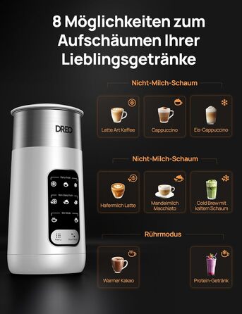 Dreo електричний спінювач молока 8-в-1 для лате арт, 270 мл, з підігрівом, LED, білий