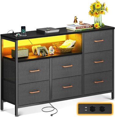 Комод Coleshome з висувними ящиками, світлодіодною підсвіткою, 2 USB та 2 розетки AC, 7 тканинних ящики, для спальні/вітальні, 132*30*89 см, чорний