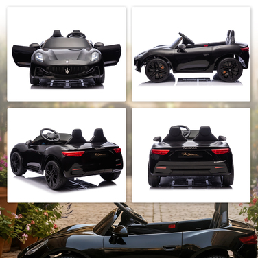 Дитячий електромобіль Maserati, 2 місця, акумулятор 12V, пульт дистанційного керування, світлодіодні фари, музична панель, чорний колір