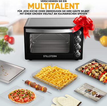 Міні-піч Stillstern CYCLONE PRO+ 60л з конвекцією: піч, гриль, тостер, піцца, для кемпінгу. Антипригарне покриття, Airfryer, рецепти, рожніца, 2200W