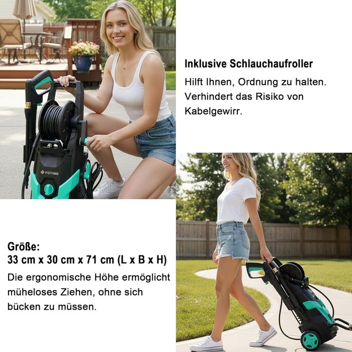 Високотискний мийник 180 Bar, 6-в-1 насадка, продуктивність 420л/год, площа прибирання 50м²/год, економний, з піночистою та барабаном для шлангу, для автомобілів та під'їздів (Блакитний)