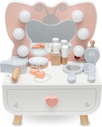 Детський туалетний столик Mamabrum XXL з дерева з пуфом та LED-дзеркалом – для дівчаток від 3 років, з ящиком та аксесуарами для макіяжу, ігровий набір та письмовий стіл (MAM242 DRESSING TAB)