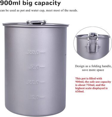 Титанковий казанок iBasingo 900мл з кришкою - казанок для кемпінгу, приготування їжі на відкритому повітрі, подорожей та пікніків