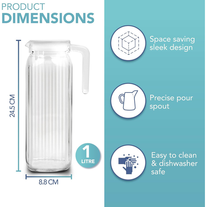 Скляний глечик для холодильника (2 шт.) об'ємом 1 літр з кришкою, рифлений дизайн, не протікає, вентильована кришка для гарячої/холодної води, чай, кава, молоко