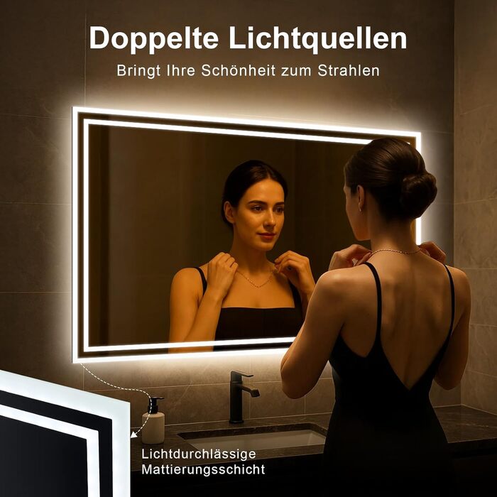 Дзеркало для ванної кімнати Youyijia з підсвічуванням, 70x50 см, з антизапарюючим покриттям, сенсорним вимикачем, 3 кольори світла, регулювання яскравості, 3500K-6500K