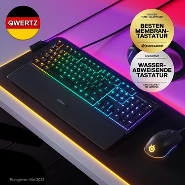 Клавіатура SteelSeries Apex 3 для ігор з RGB-підсвічуванням 10 зон, тихі ігрові клавіші, преміум підставка для зап'ястя, захист IP32, QWERTZ розкладка