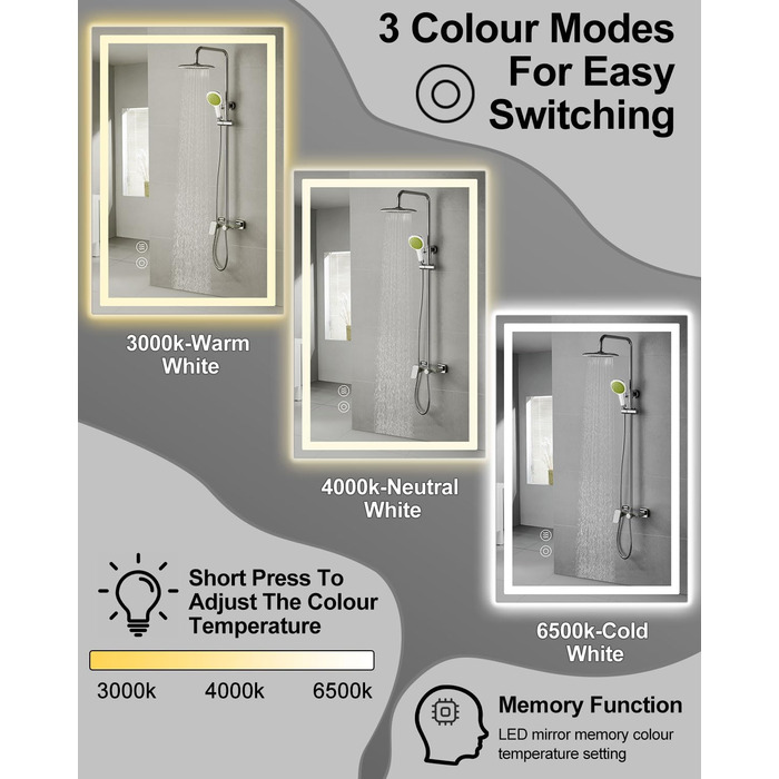 Дзеркало для ванної кімнати Habison з підсвічуванням LED, 50x70 см, сенсорне керування, регулювання яскравості, 3 колірні температури, функція пам'яті, антизапар, без Bluetooth