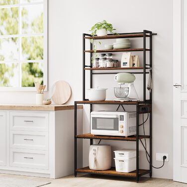 Кухонна полиця WOLTU з 6 ярусами, з розетками, для мікрохвильовки, з металевим каркасом, регульовані полиці, чорний+рустичний коричневий, 60 x 167 x 40 см (чорний+вінтажний коричневий, 80 x 39,5 x 167 см)