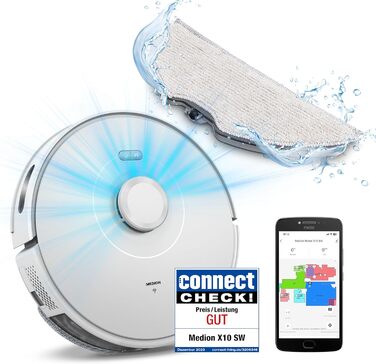 Робот-пилосос MEDION X10 SW з лазерною навігацією та функцією миття підлоги (2700Pa, 2-в-1, точна картографія, зони заборони, кілька поверхів)