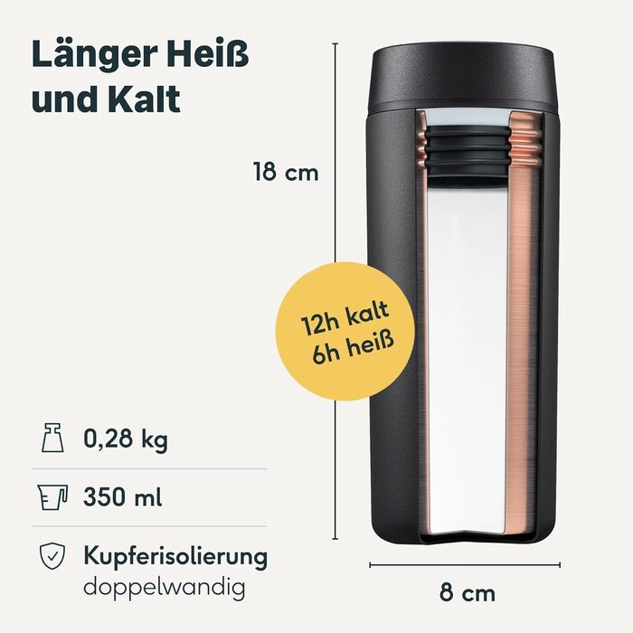 Термокружка SILBERTHAL 350 мл з нержавіючої сталі та керамікою – термокружка для кави з кришкою, що не протікає, чорного кольору – зберігає тепло до 6 годин та холод до 12 годин