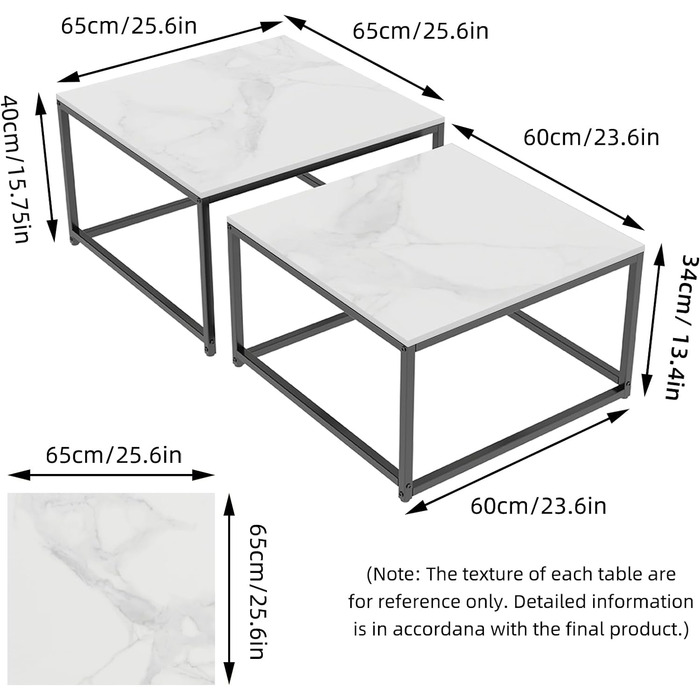 Набір журнальних столиків FATIVO з 2 шт. мармур, квадрат, металевий каркас, великий і маленький (білий)