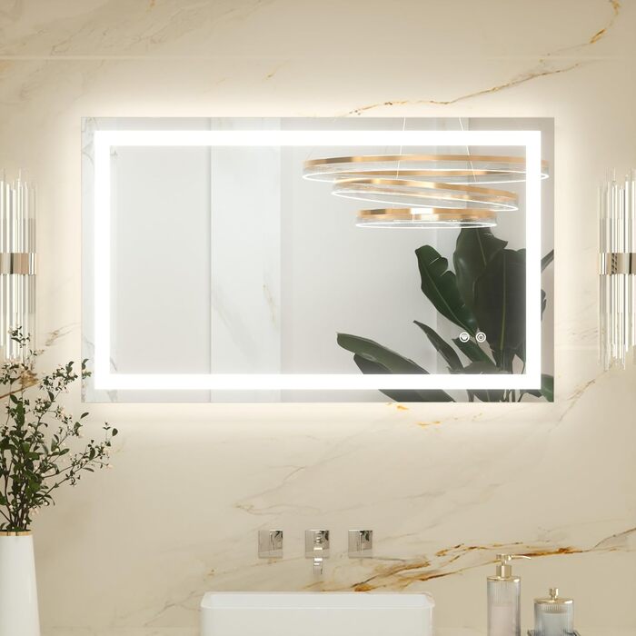 Дзеркало для ванної кімнати Keonjinn з підсвічуванням 50x70 см, без запотівання, LED, сенсорне керування, 3 кольори, регулювання яскравості, пам'ять, без рамки