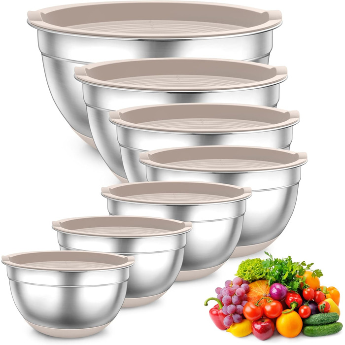 Набір місок TEAMFAR з нержавіючої сталі: салатові міски з кришкою та силіконовим дном, 0.7-6.5 л, (Хакі, 2)