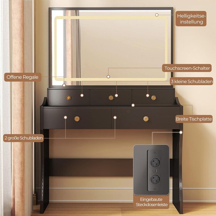 Трюмо COMHOMA з підсвічуванням, дзеркалом та прихованою LED-смугою, зі стільцем та 5 висувними ящиками, з розеткою, 3 колірні температури та регульована яскравість, білий (чорний)