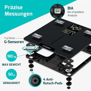 Ваги для ванної кімнати FITAGE цифрові, переможець тесту 2024 року, шкала жиру в організмі, 17 виміряних значень, додаток, до 180 кг, світлодіод