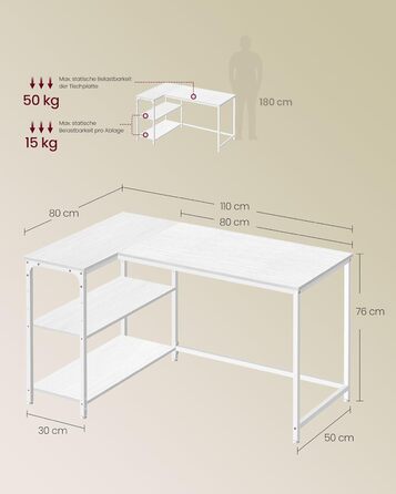 Кутовий стіл VASAGLE L-подібної форми з полицею, для офісу вдома, 110 x 80 см, колір: Акорн-білий