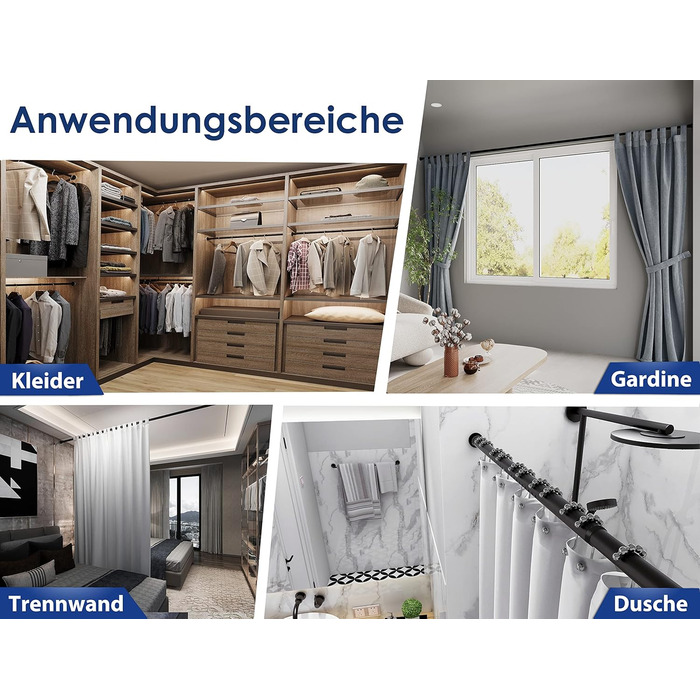 Штанга для душу без свердління 160-210 см, Ø 32 мм, з кріпленнями - для завіс у ванну, міжкімнатні перегородки та кухня