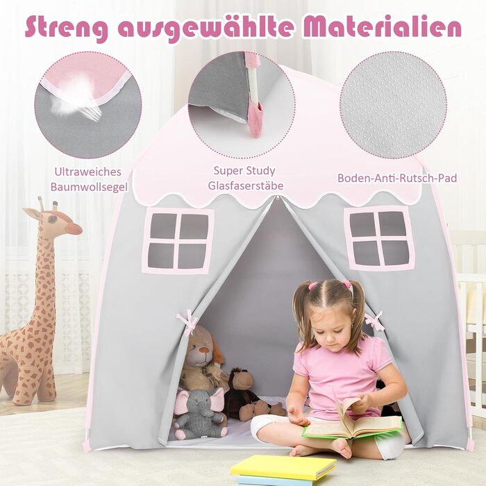 Дитячий ігровий будиночок GOPLUS, XL, 143x100x155 см, з сумкою, килимком, дверцятами на блискавці та 4 вікнами, для 2-3 дітей від 3 років (Рожевий)