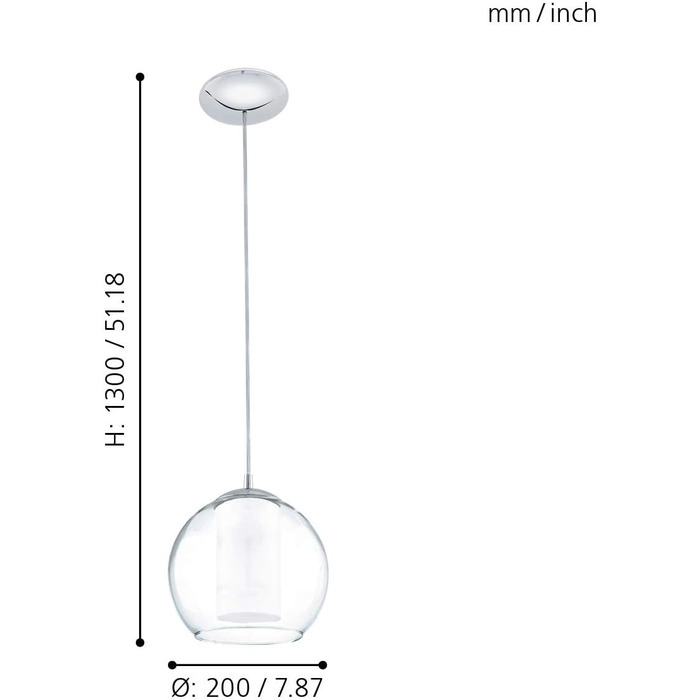 Підвісний світильник EGLO Bolsano, підвісний світильник на 3 полум'я, підвісний світильник зі сталі та скла з хрому, білий, прозорий, лампа для обіднього столу, світильник для вітальні з цоколем E27 (підвісний світильник 1 полум'я)