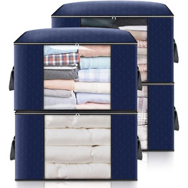 Сумка для зберігання об'ємом 4 шт. 90 л, складна сумка для зберігання одягу під ліжком, з посиленою ручкою, сумка для зберігання ковдр під ліжком, одягу, ковдр, ковдр (темно-синій, з великим вікном)