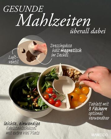 MAMEIDO Salatbox to go 1,5 л: ланчбокс з нержавіючої сталі, бенто-бокс з відділеннями, 1500 мл, Ivory Beige