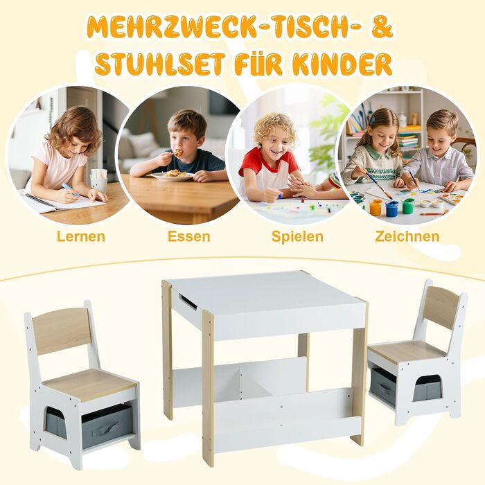 Детский стол со стульями COSTWAY 3 в 1, деревянная мебель для детей от 3 лет с откидной столешницей, полкой и ящиками